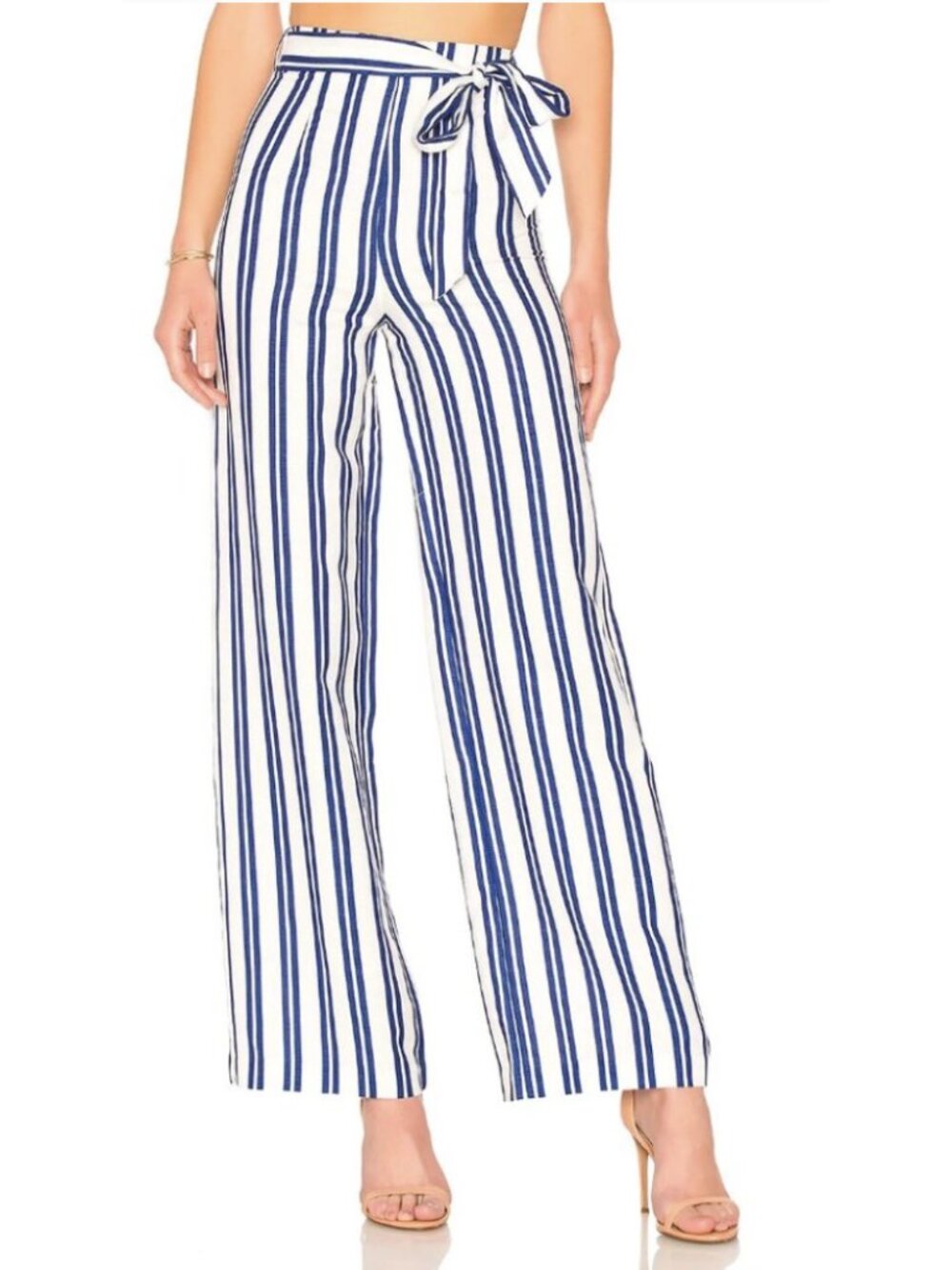 L'ACADEMIE The Lani Pant White Blue Stripe Medium Linen Blend Preppy Coastal